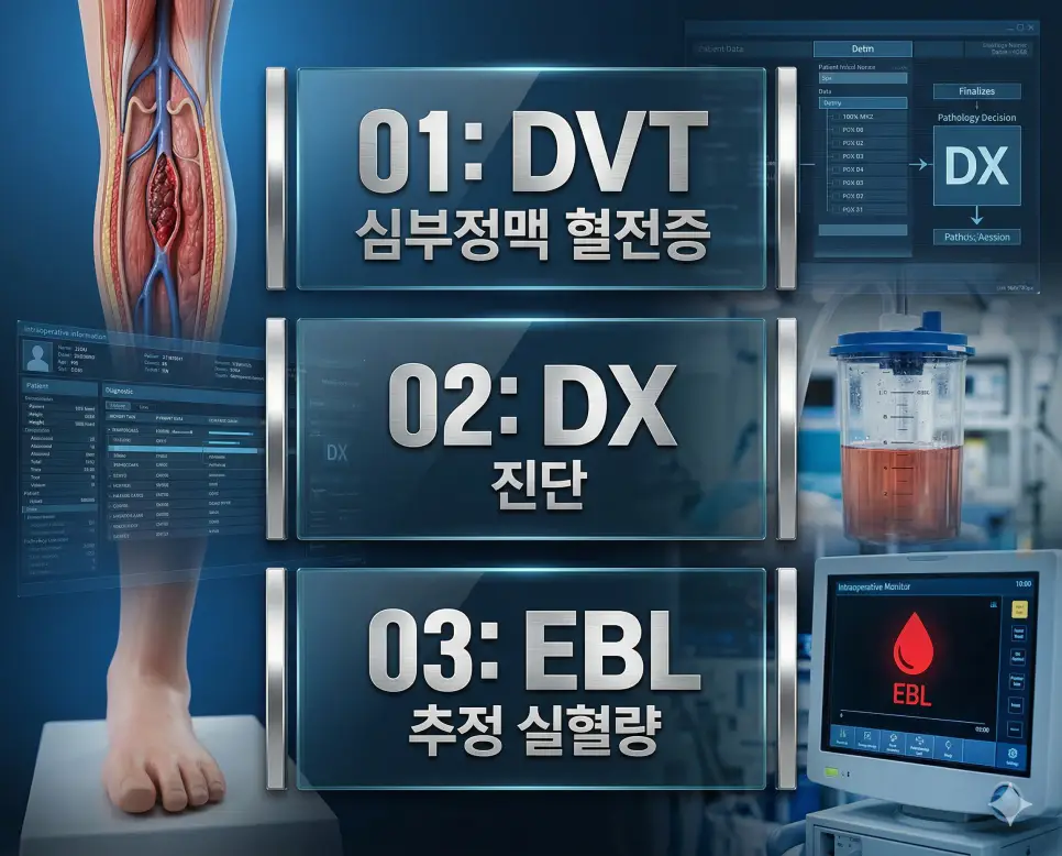 의학용어 DVT, DX, EBL 완벽 가이드 4 의학용어 DVT, DX, EBL의 정의와 정맥 혈전증, 의학적 진단, 수술 실혈량 계산의 특징을 영화 포스터 스타일로 정리한 프리미엄 인포그래픽