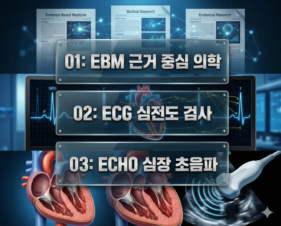 의학용어 EBM, ECG, ECHO 완벽 가이드 4 의학용어 EBM, ECG, ECHO의 정의와 근거 중심 의학, 심전도, 심장 초음파의 주요 특징을 영화 포스터 스타일로 정리한 프리미엄 인포그래픽