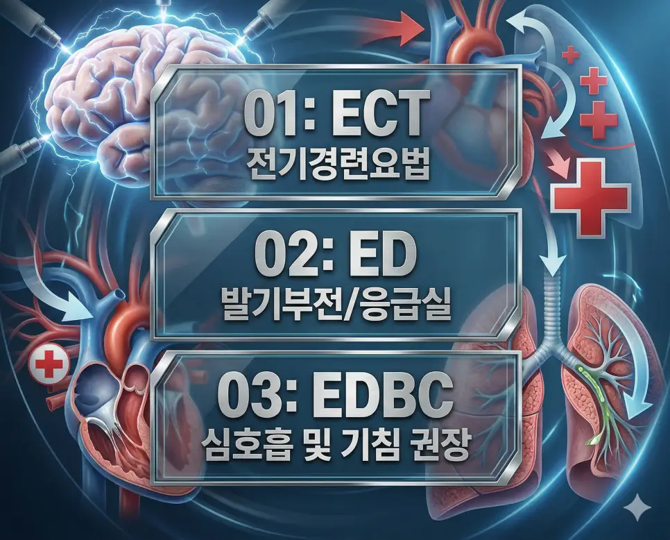 의학용어 ECT, ED, EDBC 완벽 가이드 4 의학용어 ECT, ED, EDBC의 정의와 주요 정신과 치료, 남성 질환, 응급실, 수술 후 간호 중재의 특징을 영화 포스터 스타일로 정리한 프리미엄 인포그래픽