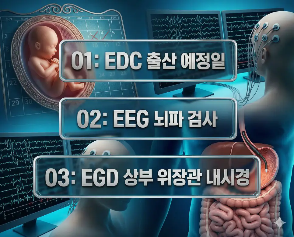 의학용어 EDC, EEG, EGD 완벽 가이드 4 의학용어 EDC, EEG, EGD의 정의와 주요 출산 예정일 계산, 뇌 기능 검사, 위장관 내시경 검사의 특징을 영화 포스터 스타일로 정리한 프리미엄 인포그래픽