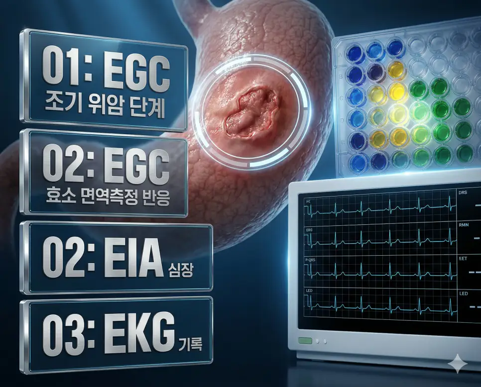 의학용어 EGC, EIA, EKG 완벽 가이드 4 의학용어 EGC, EIA, EKG의 정의와 조기 위암의 병변 위치, 면역 측정의 효소 반응, 심전도의 파형 특징을 영화 포스터 스타일로 정리한 프리미엄 인포그래픽
