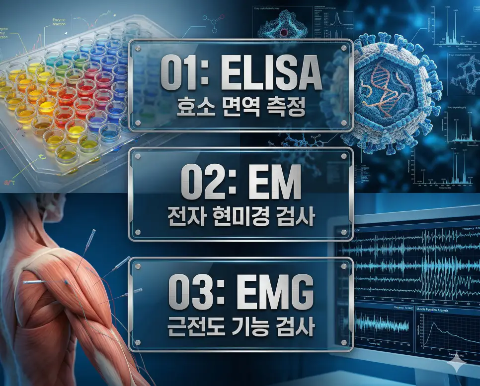 의학용어 ELISA, EM, EMG 완벽 가이드 4 의학용어 ELISA, EM, EMG의 정의와 면역 측정 반응, 전자 현미경 구조, 근전도 파형 특징을 영화 포스터 스타일로 정리한 프리미엄 인포그래픽