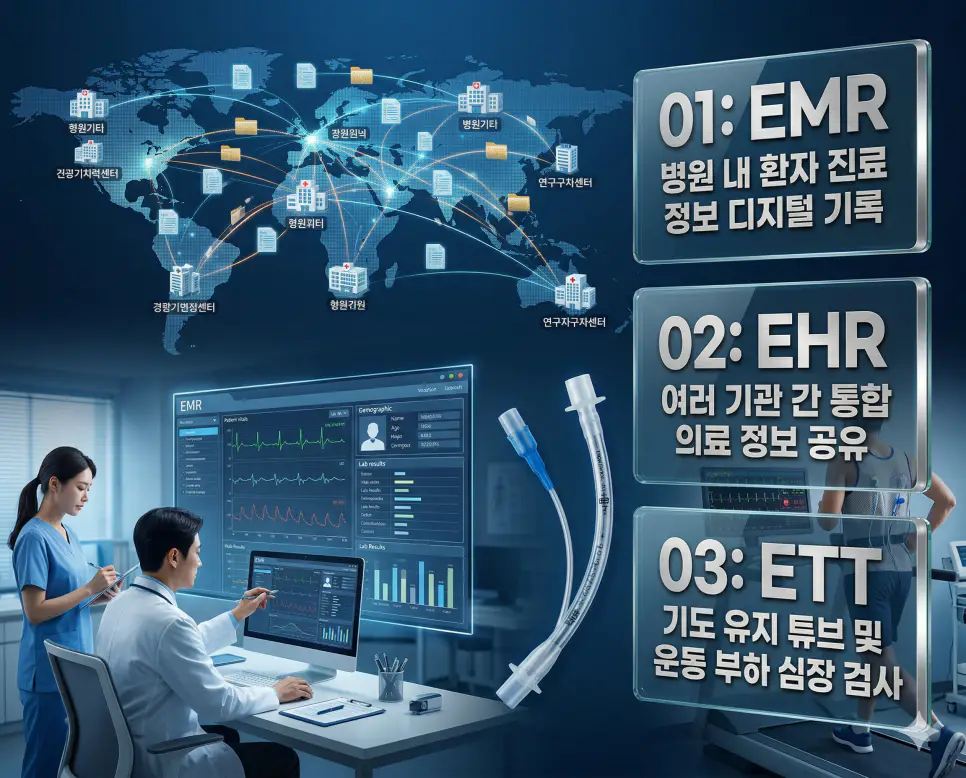 의학용어 EMR, EHR, ETT의 정의와 병원 내 환자 진료 정보 디지털 기록, 여러 기관 간 통합 의료 정보 공유, 기도 유지 튜브 및 운동 부하 심장 검사의 핵심 특징을 영화 포스터 스타일로 정리한 프리미엄 인포그래픽