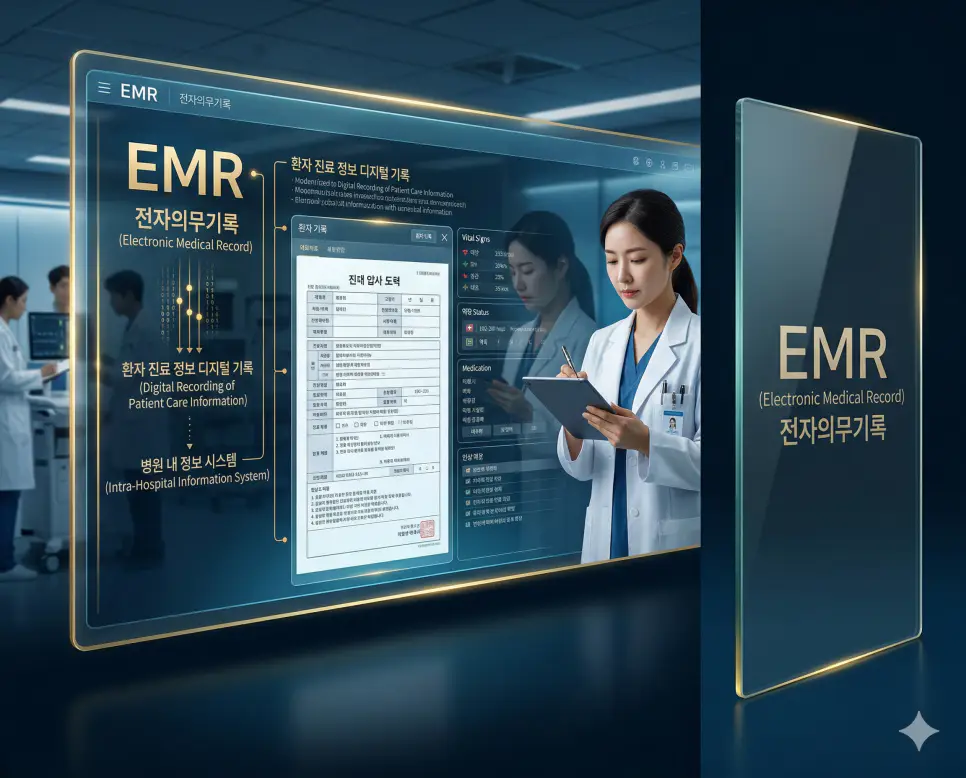 의학용어 EMR(전자의무기록) 기전을 통해 개별 병원 내에서 한국인 환자의 진료 정보를 디지털 방식으로 기록하고 안전하게 저장하는 정보 시스템 과정을 시각화한 이미지