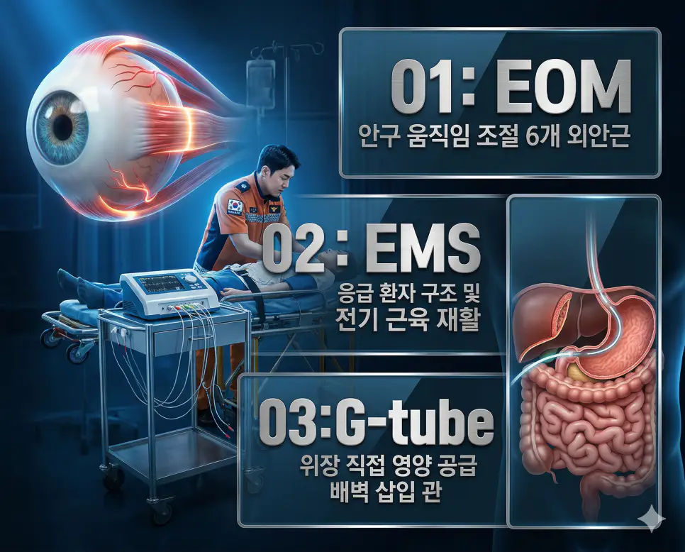 의학용어 EOM, EMS, G-tube 뜻 완벽 정리 4 의학용어 EOM, EMS, G-tube의 정의와 안구 움직임 조절 6개 외안근, 응급 환자 구조 및 전기 근육 재활, 위장 직접 영양 공급 배벽 삽입 관의 핵심 특징을 영화 포스터 스타일로 정리한 프리미엄 인포그래픽