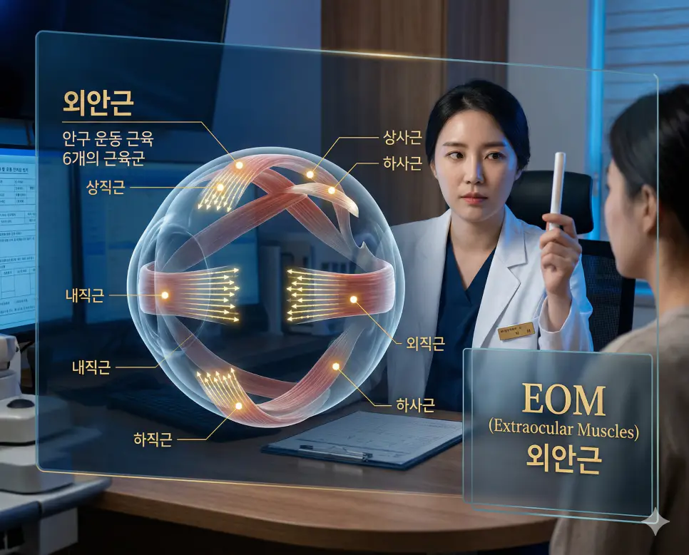 의학용어 EOM, EMS, G-tube 뜻 완벽 정리 1 의학용어 EOM(외안근 또는 안구 운동) 기전을 통해 안구의 위치를 조절하고 움직임을 담당하는 한국인 환자의 6개 근육군 상태를 안과 정밀 데이터와 함께 시각화한 이미지