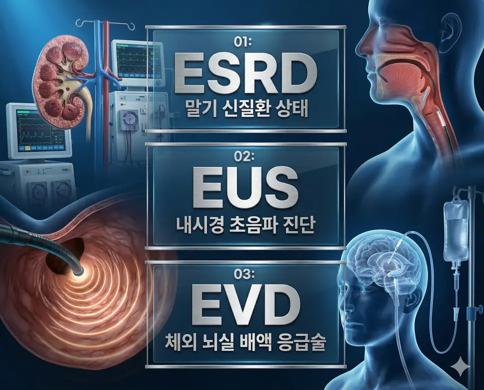 의학용어 ESRD, EUS, EVD 완벽 가이드 4 의학용어 ESRD, EUS, EVD의 정의와 말기 신장 질환상태, 내시경 초음파 정밀진단, 체외 뇌실 배액술의 특징을 영화 포스터 스타일로 정리한 프리미엄 인포그래픽