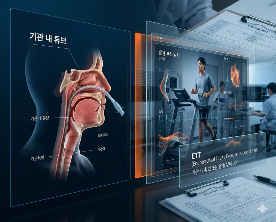 의학용어 ETT(기관 내 튜브 또는 운동 부하 검사) 기전을 통해 기도를 유지하는 튜브 삽입(왼쪽)과 러닝머신 위에서 심장 상태를 관찰하는 검사(오른쪽)를 동시에 시각화한 이미지
