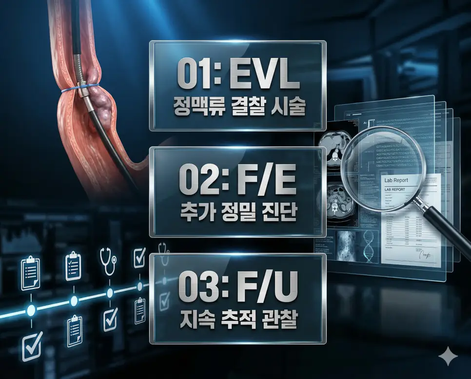 의학용어 EVL, F/E, F/U 완벽 가이드 4 의학용어 EVL, F/E, F/U의 정의와 정맥류 결찰술, 정밀 진단 심화 과정, 지속적 경과 관찰의 특징을 영화 포스터 스타일로 정리한 프리미엄 인포그래픽