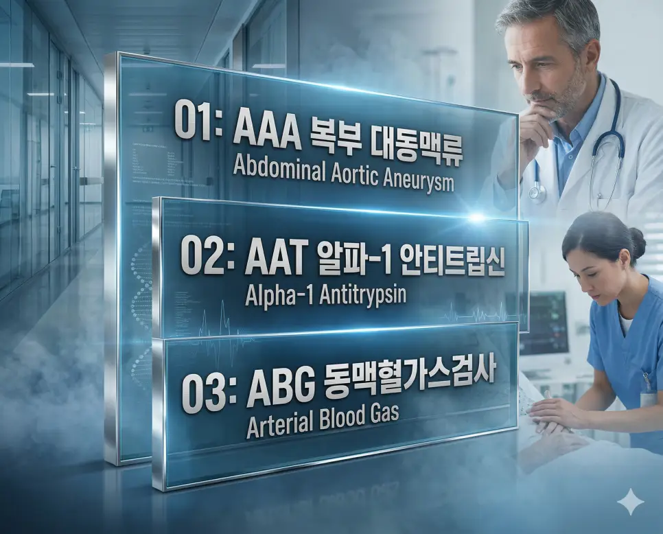 의학용어 AAA, AAT, ABG 4 의학용어 AAA, AAT, ABG의 의미와 지혜를 프리미엄 포스터 스타일로 한 장에 담은 세련된 의료 인포그래픽