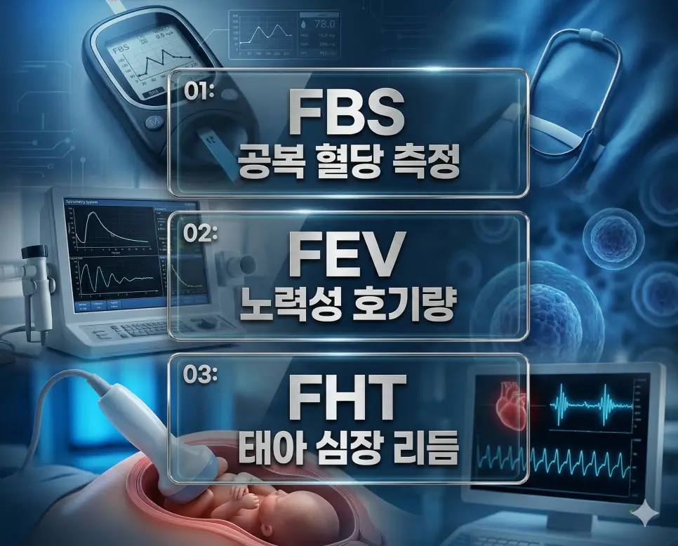 의학용어 FBS, FEV, FHT 완벽 가이드 4 의학용어 FBS, FEV, FHT의 정의와 공복 혈당 당뇨 진단, 노력성 호기량 폐 기능 검사, 태아 심음 모니터링의 특징을 영화 포스터 스타일로 정리한 프리미엄 인포그래픽