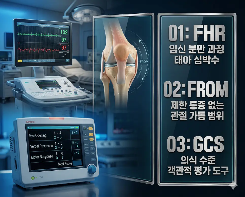 의학용어 FHR, FROM, GCS 뜻 완벽 정리 4 의학용어 FHR, FROM, GCS의 정의와 임신 분만 과정 태아 심박수, 제한 통증 없는 관절 가동 범위, 의식 수준 객관적 평가 도구의 핵심 특징을 영화 포스터 스타일로 정리한 프리미엄 인포그래픽