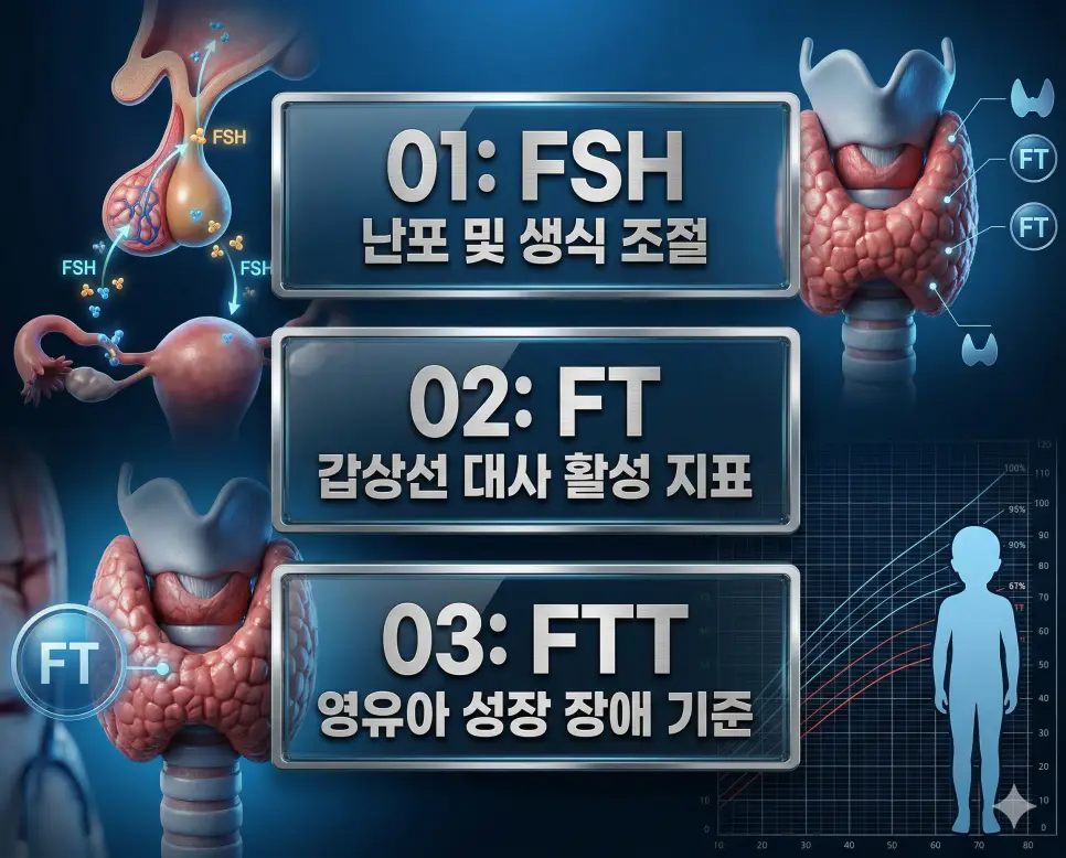 의학용어 FSH, FT, FTT 완벽 가이드 4 의학용어 FSH, FT, FTT의 정의와 생식 호르몬 조절, 갑상선 대사 지표, 영유아 성장 장애 기준의 특징을 영화 포스터 스타일로 정리한 프리미엄 인포그래픽
