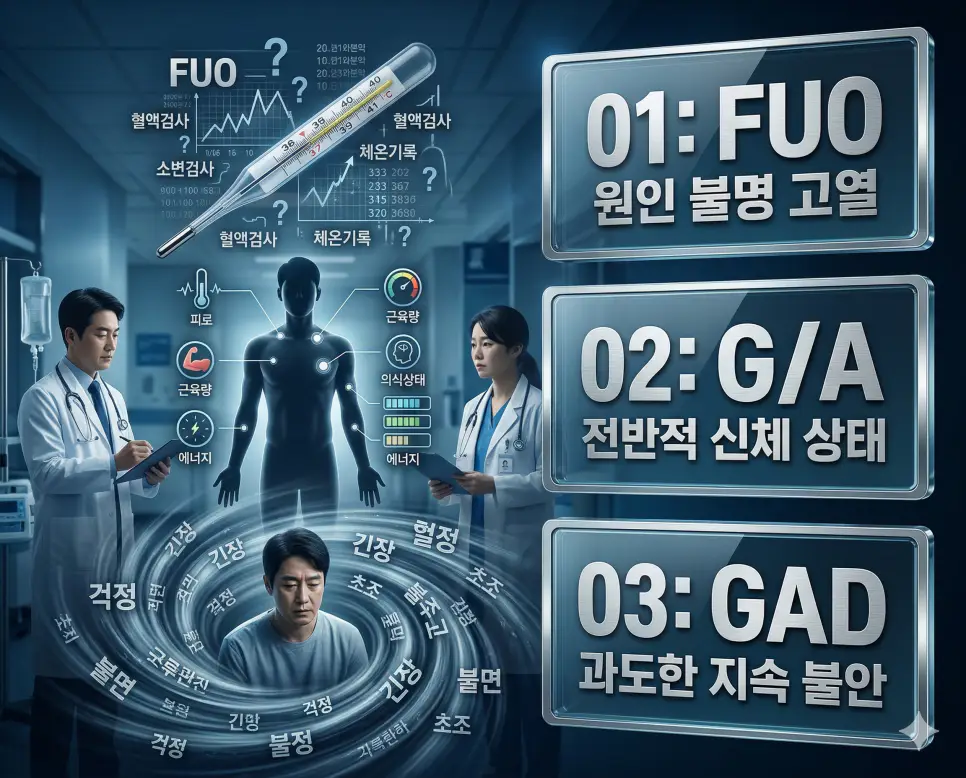 의학용어 FUO, G/A, GAD 완벽 가이드 4 의학용어 FUO, G/A, GAD의 정의와 원인 불명 고열, 전신 외관 평가 지표, 범불안장애의 핵심 특징을 영화 포스터 스타일로 정리한 프리미엄 인포그래픽