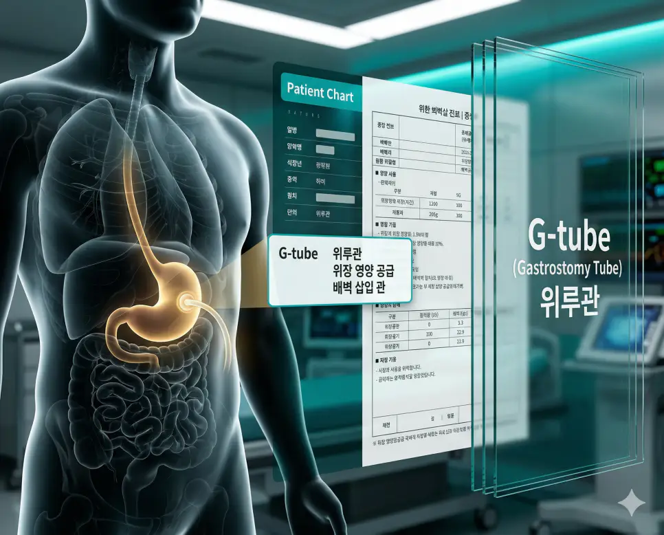 의학용어 EOM, EMS, G-tube 뜻 완벽 정리 3 의학용어 G-tube(위루관) 기전을 통해 입으로 음식 섭취가 어려운 한국인 환자에게 영양분을 직접 공급하기 위해 배벽을 통해 위장으로 삽입한 관의 위치를 시각화한 병태생리 이미지