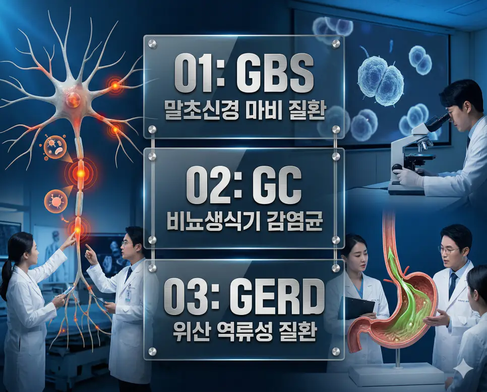 의학용어 GBS, GC, GERD 완벽 가이드 4 의학용어 GBS, GC, GERD의 정의와 말초신경 마비, 비뇨생식기 감염균, 위산 역류 질환의 핵심 특징을 영화 포스터 스타일로 정리한 프리미엄 인포그래픽