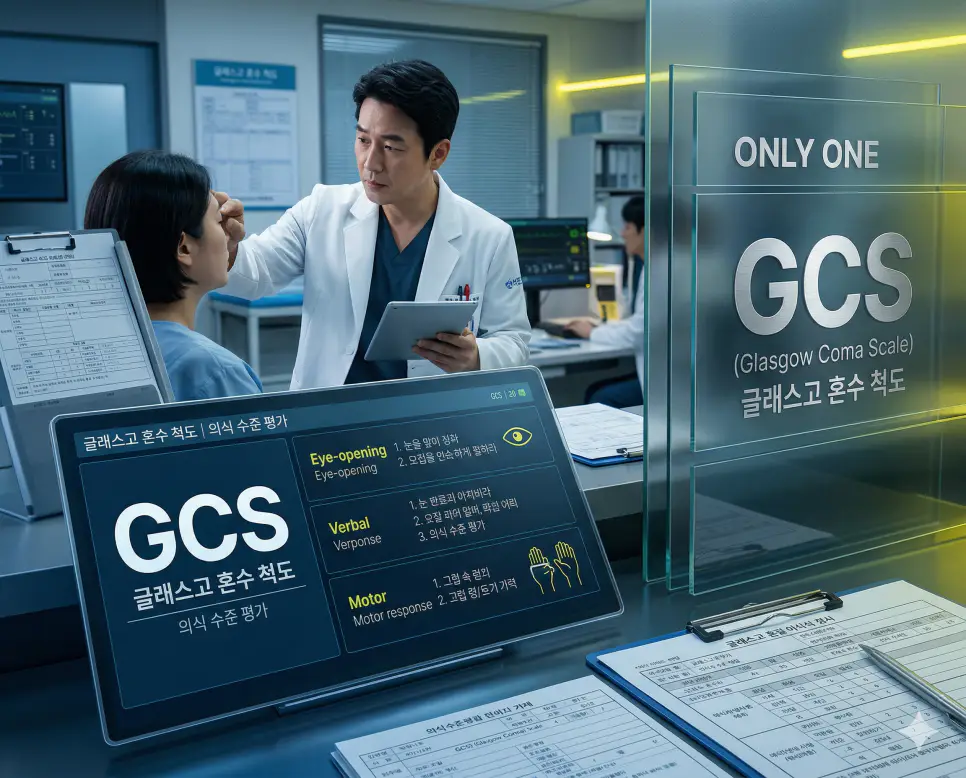 의학용어 FHR, FROM, GCS 뜻 완벽 정리 3 의학용어 GCS(글래스고 혼수 척도) 기전을 통해 한국인 환자의 의식 수준을 눈 뜨기, 언어 반응, 운동 반응의 세 가지 항목으로 점수화하여 객관적으로 평가하고 진단하는 의료 이미지