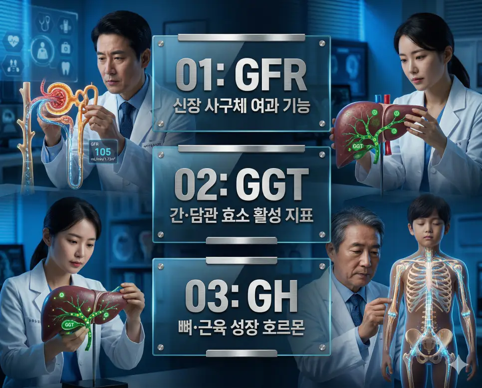 의학용어 GFR, GGT, GH 완벽 가이드 4 의학용어 GFR, GGT, GH의 정의와 신장 여과 기능, 간 담관 효소 지표, 성장 호르몬 조절의 핵심 특징을 영화 포스터 스타일로 정리한 프리미엄 인포그래픽