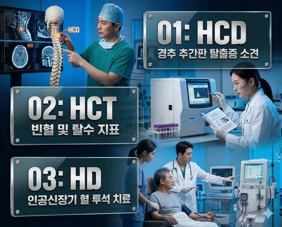 의학용어 HCD, HCT, HD 완벽 가이드 4 의학용어 HCD, HCT, HD의 정의와 경추 신경 압박 질환, 적혈구 용적 검사, 인공신장기 혈액 투석 치료의 핵심 특징을 영화 포스터 스타일로 정리한 프리미엄 인포그래픽