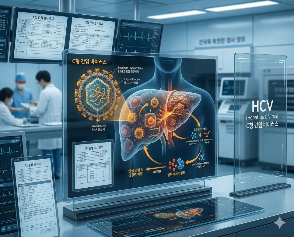 의학용어 HCV(C형 간염 바이러스) 기전을 통해 혈액을 매개로 간에 침투하여 만성 간염, 간경변증 등을 유발하는 바이러스의 병태생리 상태를 한국인 환자의 데이터와 함께 시각화한 이미지