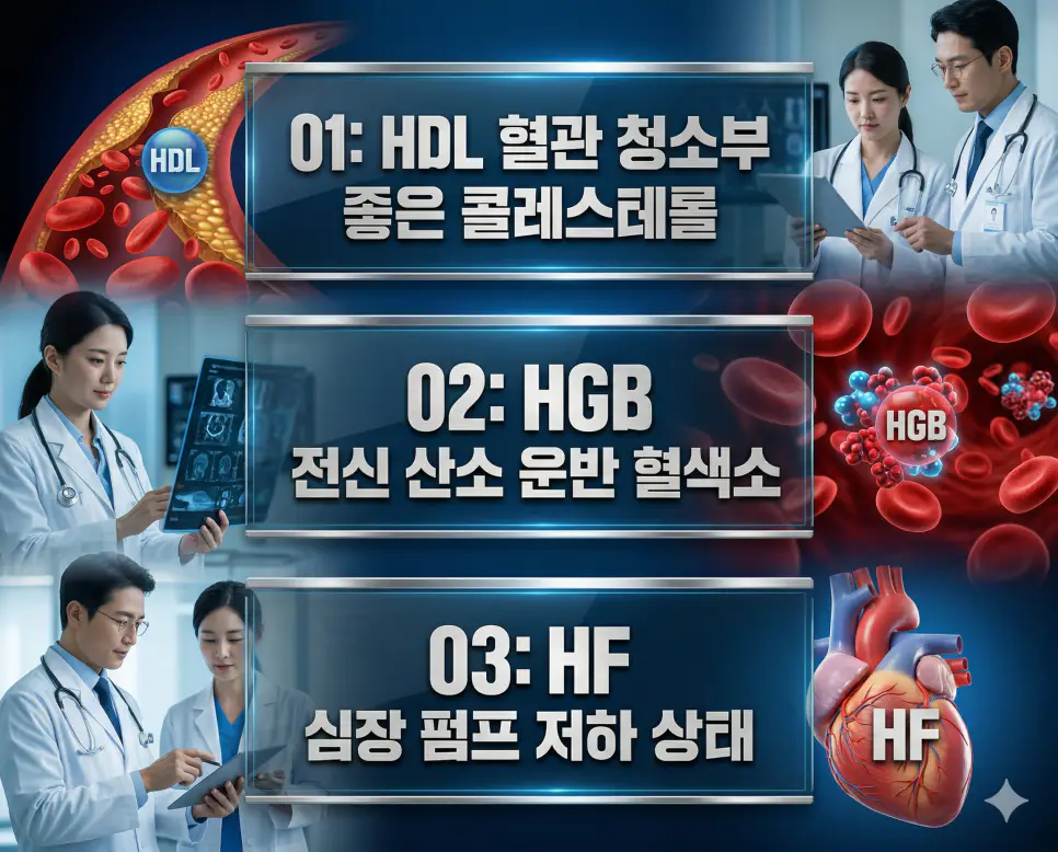 의학용어 HDL, HGB, HF 완벽 가이드 4 의학용어 HDL, HGB, HF의 정의와 좋은 콜레스테롤 혈관 청소, 전신 산소 운반, 심장 펌프 기능 저하의 핵심 특징을 영화 포스터 스타일로 정리한 프리미엄 인포그래픽