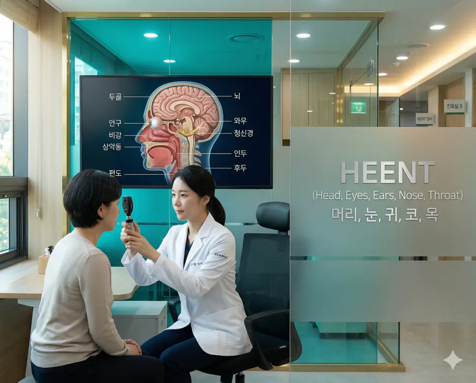 의학용어 HbA1c, HCG, HEENT 뜻 완벽 정리 3 의학용어 HEENT(머리, 눈, 귀, 코, 목) 기전을 통해 신체 검진 시 상반부의 주요 기관들을 체계적으로 검찰하고 기록하는 표준 표준 진료 영역을 시각화한 이미지