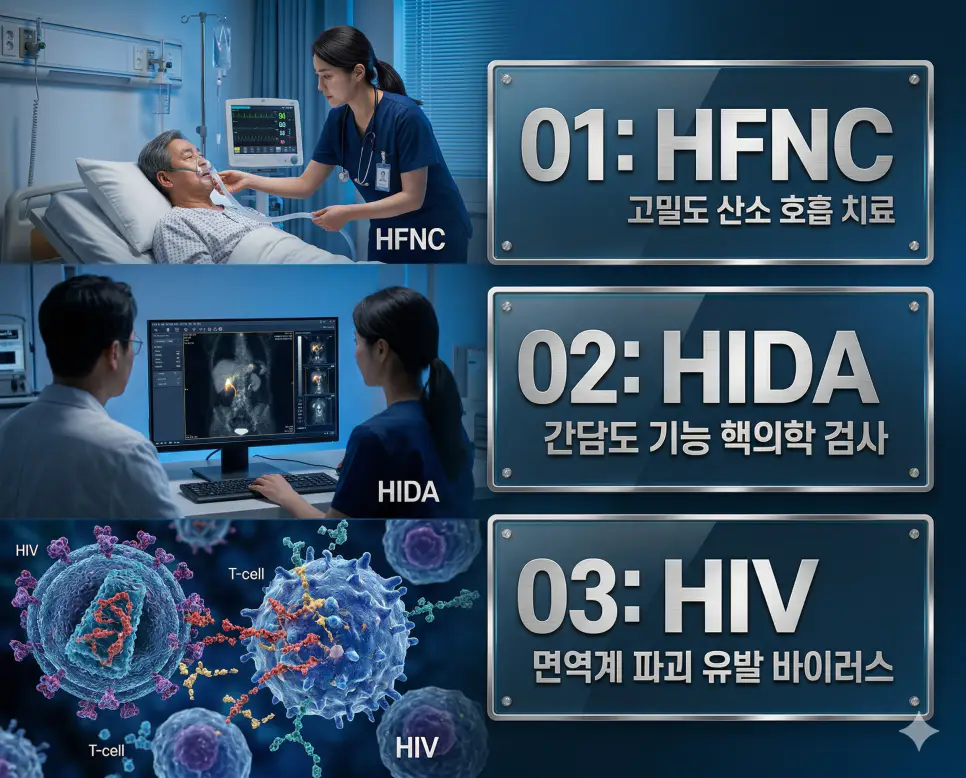 의학용어 HFNC, HIDA, HIV 완벽 가이드 4 의학용어 HFNC, HIDA, HIV의 정의와 고농도 산소 치료, 간담도 기능 핵의학 검사, 면역 파괴 바이러스의 핵심 특징을 영화 포스터 스타일로 정리한 프리미엄 인포그래픽