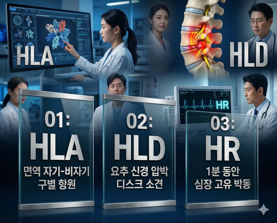 의학용어 HLA, HLD, HR 완벽 가이드 4 의학용어 HLA, HLD, HR의 정의와 면역 자기 구별, 요추 신경 압박 질환, 심장 기초 박동수의 핵심 특징을 영화 포스터 스타일로 정리한 프리미엄 인포그래픽