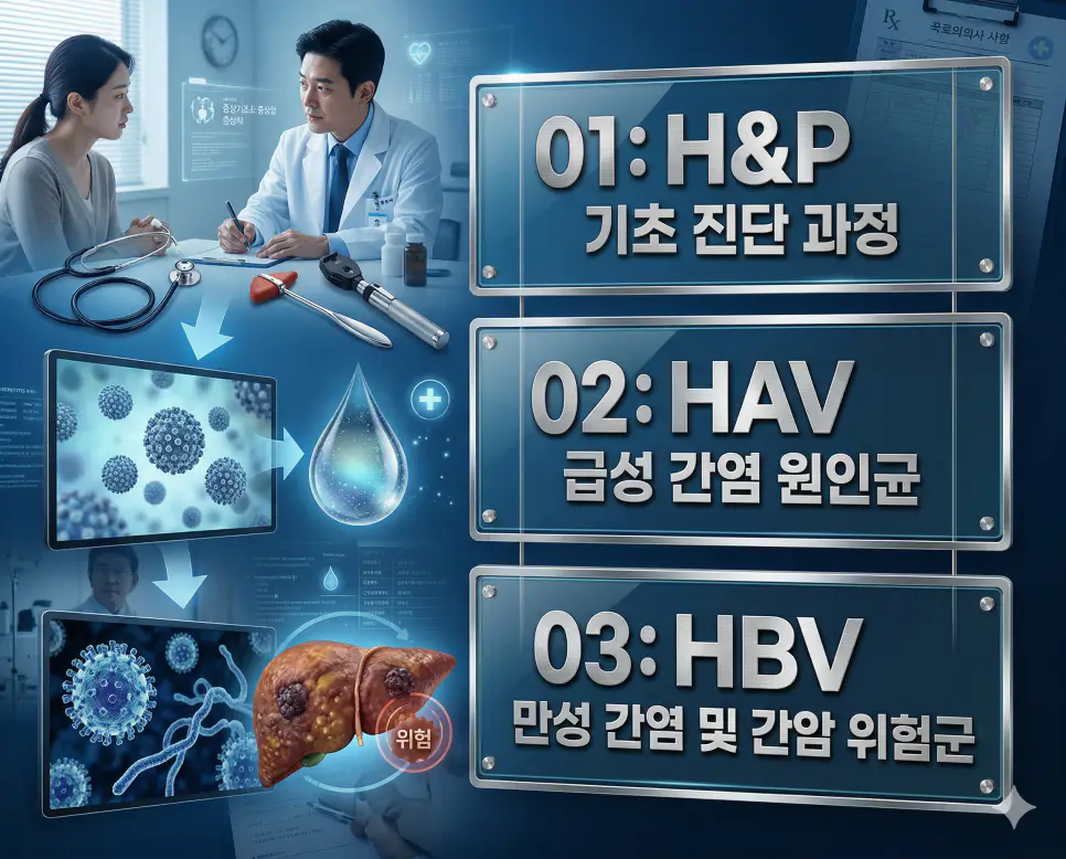 의학용어 H&P, HAV, HBV 완벽 가이드 4 의학용어 H&P, HAV, HBV의 정의와 기초 진단 과정, 급성 간염 원인 바이러스, 만성 간염 및 간암 위험군의 핵심 특징을 영화 포스터 스타일로 정리한 프리미엄 인포그래픽
