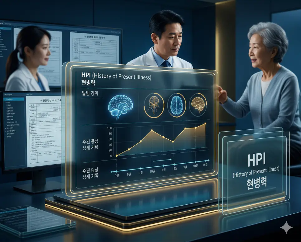 의학용어 HPI, IADL, ICH 뜻 완벽 정리 1 의학용어 HPI(현병력) 기전을 통해 한국인 환자가 호소하는 주된 증상이 언제 어떻게 시작되어 어떤 경과를 거쳤는지 상세히 기록하고 분석하는 발병 경위 과정을 시각화한 이미지