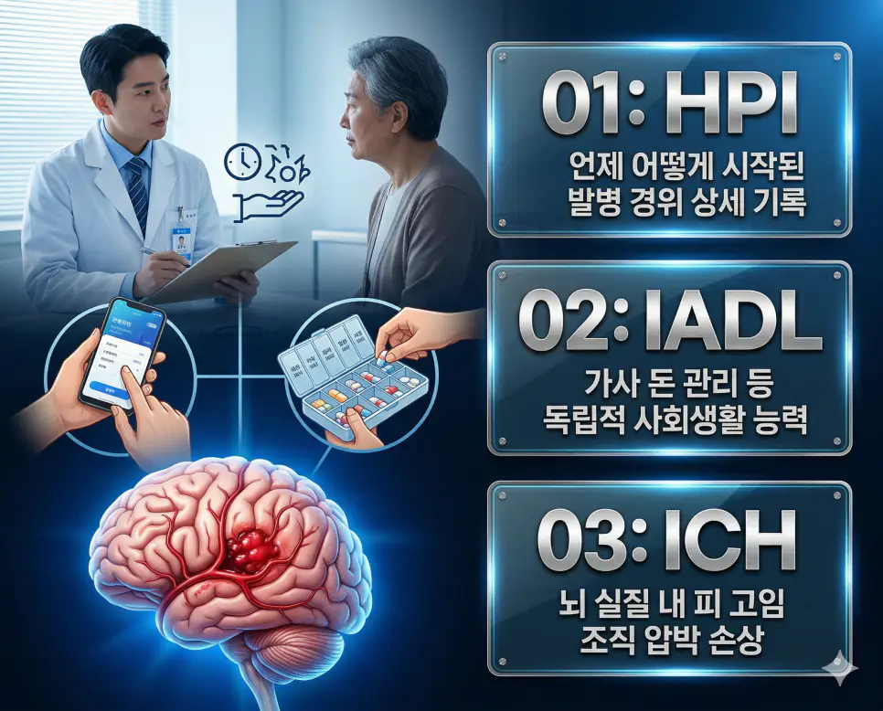 의학용어 HPI, IADL, ICH 뜻 완벽 정리 4 의학용어 HPI, IADL, ICH의 정의와 언제 어떻게 시작된 발병 경위 상세 기록, 가사 돈 관리 등 독립적 사회생활 능력, 뇌 실질 내 피 고임 조직 압박 손상의 핵심 특징을 영화 포스터 스타일로 정리한 프리미엄 인포그래픽