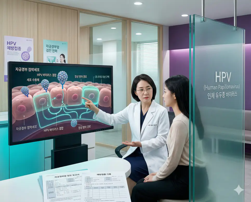 의학용어 HPV(인체 유두종 바이러스) 기전을 통해 피부나 점막에 감염되어 자궁경부암 등 다양한 암의 원인이 되는 바이러스의 세포 침투 과정을 시각화한 병태생리 이미지