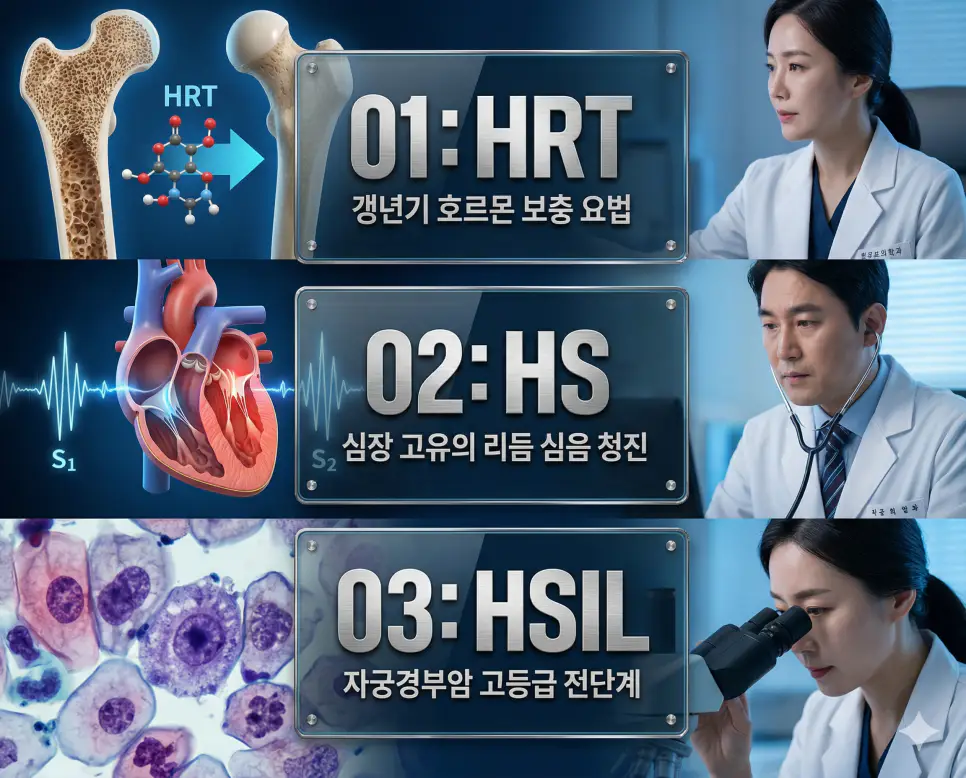 의학용어 HRT, HS, HSIL 완벽 가이드 4 의학용어 HRT, HS, HSIL의 정의와 여성 호르몬 보충 요법, 심장 고유 심음 청진, 자궁경부암 전단계 병변의 핵심 특징을 영화 포스터 스타일로 정리한 프리미엄 인포그래픽