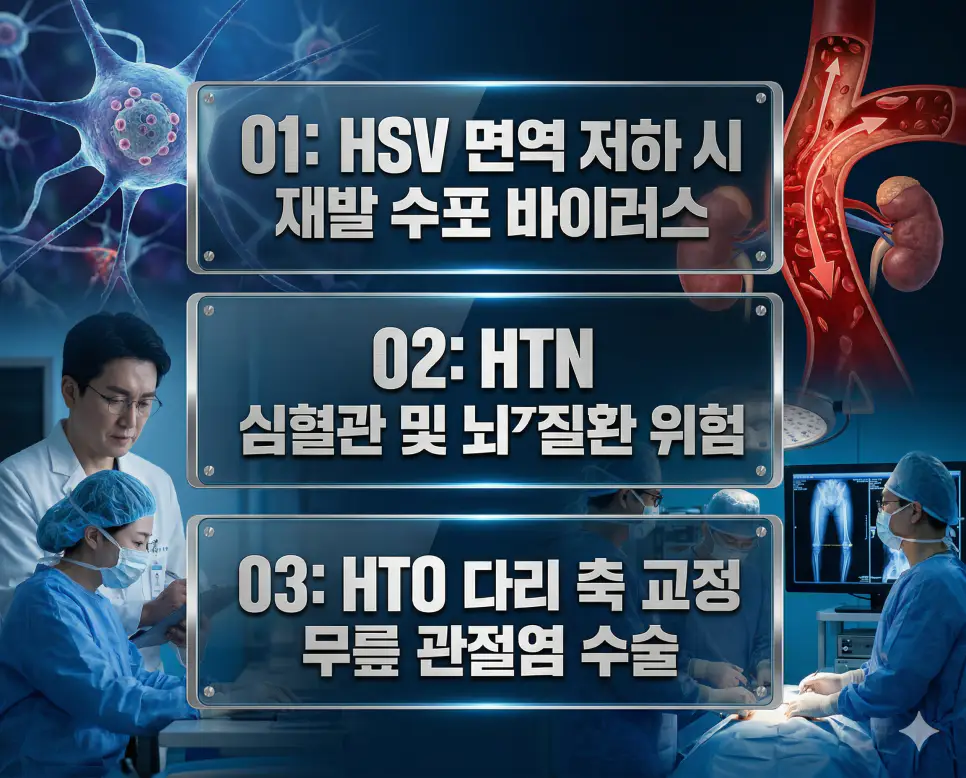 의학용어 HSV, HTN, HTO 완벽 가이드 4 의학용어 HSV, HTN, HTO의 정의와 단순 포진 재발 바이러스, 고밀도 콜레스테롤 제거, 무릎 관절 축 교정 수술의 핵심 특징을 영화 포스터 스타일로 정리한 프리미엄 인포그래픽