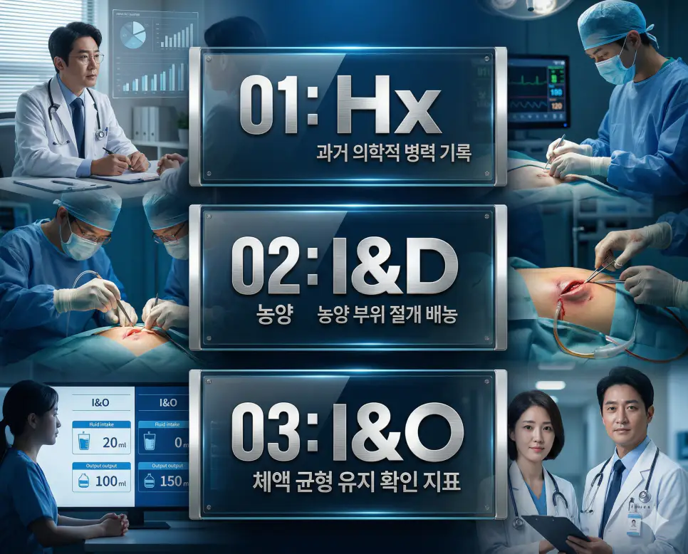 의학용어 Hx, I&D, I&O의 정의와 과거 의학적 병력 기록, 농양 부위 절개 배농 처치, 체액 균형 유지 확인 지표의 핵심 특징을 영화 포스터 스타일로 정리한 프리미엄 인포그래픽
