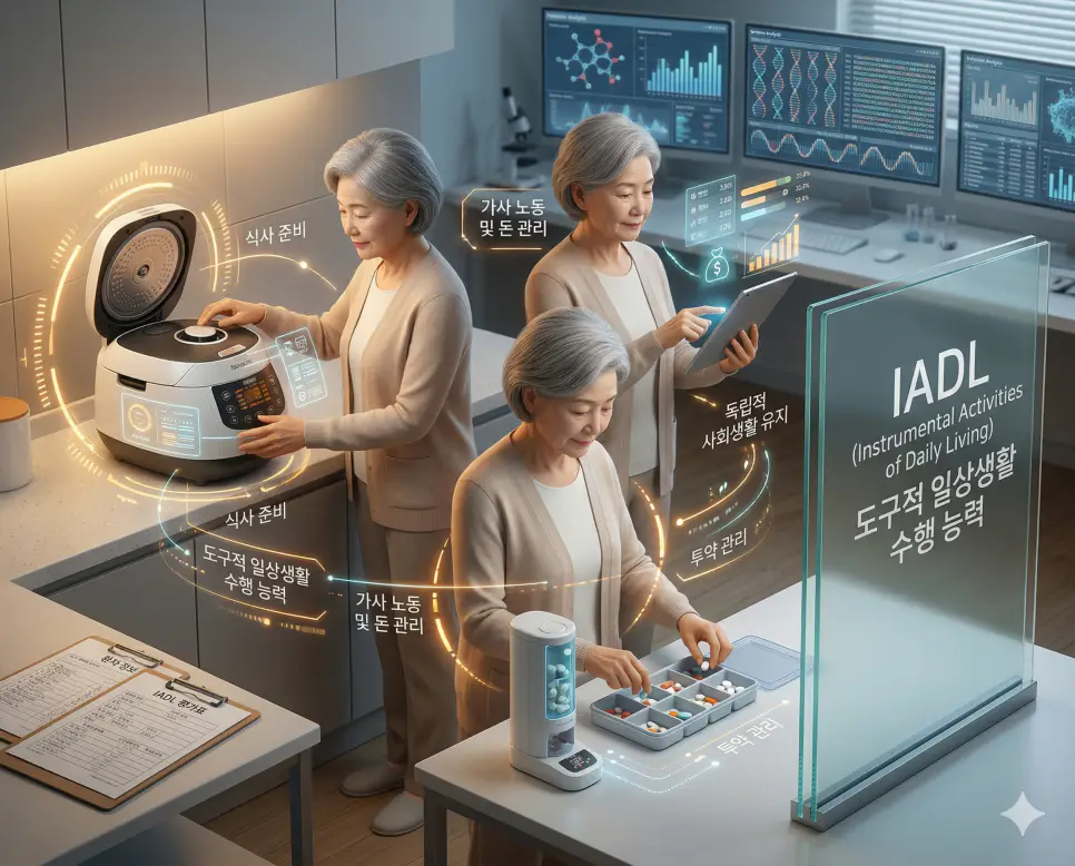 의학용어 HPI, IADL, ICH 뜻 완벽 정리 2 의학용어 IADL(도구적 일상생활 수행 능력) 기전을 통해 한국인 어르신 환자가 가사 노동, 돈 관리, 약 복용 등 독립적인 사회생활을 유지하기 위해 필요한 고차원적인 기능 상태를 시각화한 이미지