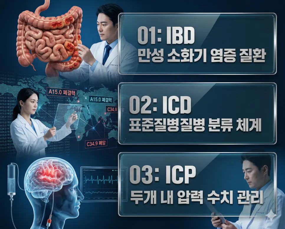 의학용어 IBD, ICD, ICP 완벽 가이드 4 의학용어 IBD, ICD, ICP의 정의와 만성 장 염증 질환, 표준 질병 코드 분류, 두개 내 압력 관리의 핵심 특징을 영화 포스터 스타일로 정리한 프리미엄 인포그래픽