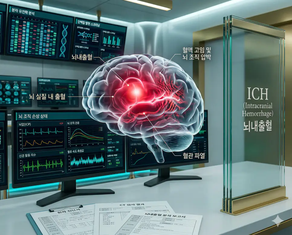 의학용어 HPI, IADL, ICH 뜻 완벽 정리 3 의학용어 ICH(뇌내출혈) 기전을 통해 뇌혈관의 파열로 인해 뇌 실질 내에 피가 고이면서 뇌 조직을 압박하고 손상시키는 응급 질환 상태를 뇌 조직 손상 분석 데이터와 함께 시각화한 이미지