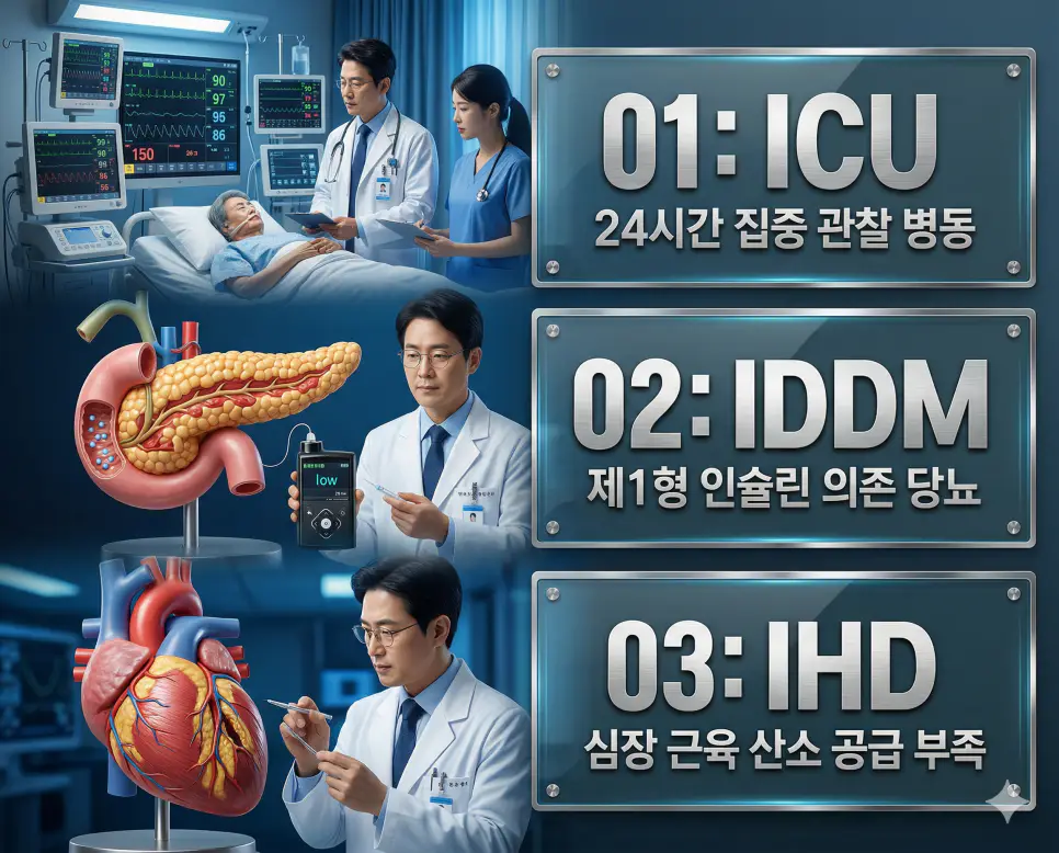 의학용어 ICU, IDDM, IHD 완벽 가이드 4 의학용어 ICU, IDDM, IHD의 정의와 집중 관찰 특수 병동, 제1형 당뇨병 인슐린 관리, 허혈성 심장 질환의 핵심 특징을 영화 포스터 스타일로 정리한 프리미엄 인포그래픽