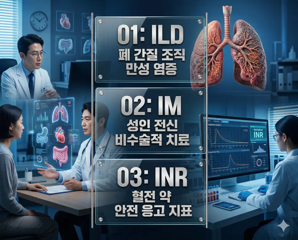 의학용어 ILD, IM, INR 완벽 가이드 4 의학용어 ILD, IM, INR의 정의와 폐 간질 조직 만성 염증, 성인 전신 비수술적 치료, 혈전 약 안전 응고 지표의 핵심 특징을 영화 포스터 스타일로 정리한 프리미엄 인포그래픽