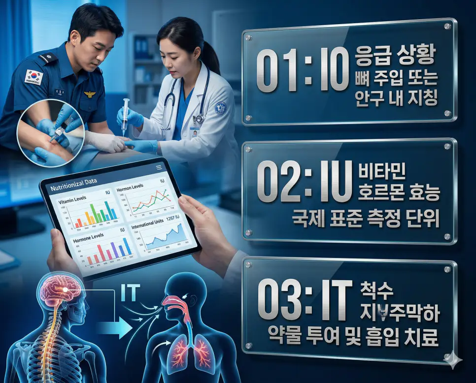 의학용어 IO, IU, IT 뜻 완벽 정리 4 의학용어 IO, IU, IT의 정의와 응급 상황 뼈 주입 또는 안구 내 지칭, 비타민 호르몬 효능 국제 표준 측정 단위, 척수 지주막하 약물 투여 및 흡입 치료의 핵심 특징을 영화 포스터 스타일로 정리한 프리미엄 인포그래픽