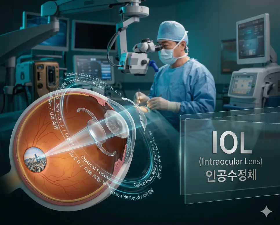 의학용어 IOL, IPF, IPMN 완벽 가이드 1 의학용어 IOL(인공수정체)을 백내장 수술 시 탁해진 자연 수정체를 제거하고 그 자리에 정밀하게 삽입하여 빛의 초점을 맞추고 시력을 회복시키는 과정을 시각화한 이미지