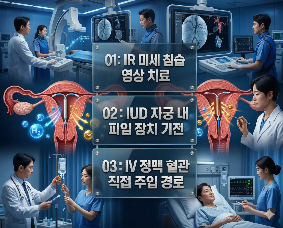 의학용어 IR, IUD, IV 완벽 가이드 4 의학용어 IR, IUD, IV의 정의와 미세 침습 영상 치료, 자궁 내 피임 기전, 정맥 혈관 직접 주입 경로의 핵심 특징을 영화 포스터 스타일로 정리한 프리미엄 인포그래픽