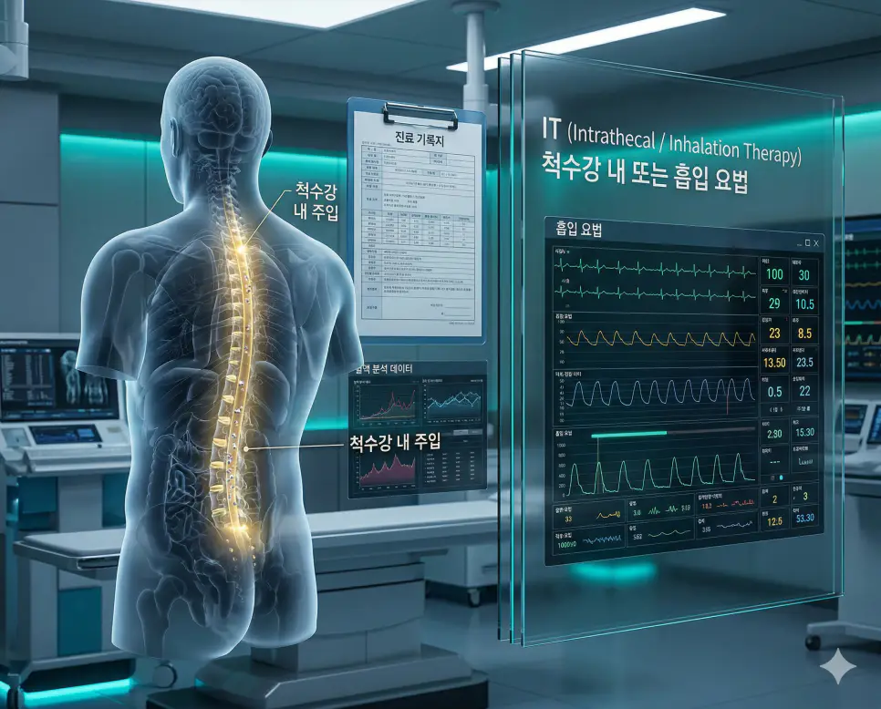 의학용어 IO, IU, IT 뜻 완벽 정리 3 의학용어 IT(척수강 내 또는 흡입 요법) 기전을 통해 척수 근처 지주막하 공간에 약물을 투여하는 방식(왼쪽)과 한국인 환자의 호흡기를 통해 약물을 주입하는 치료(오른쪽)를 동시에 시각화한 이미지