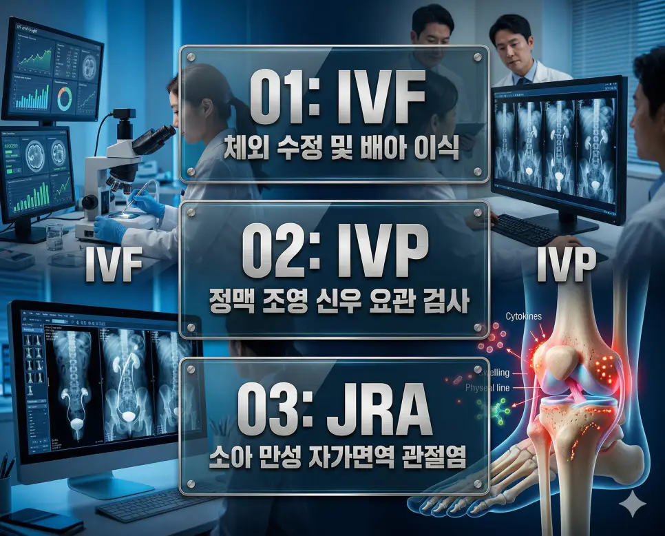 의학용어 IVF, IVP, JRA의 정의와 체외 수정 보조 생식술, 정맥 조영 비뇨기 검사, 소아 만성 자가면역 관절염의 핵심 특징을 영화 포스터 스타일로 정리한 프리미엄 인포그래픽