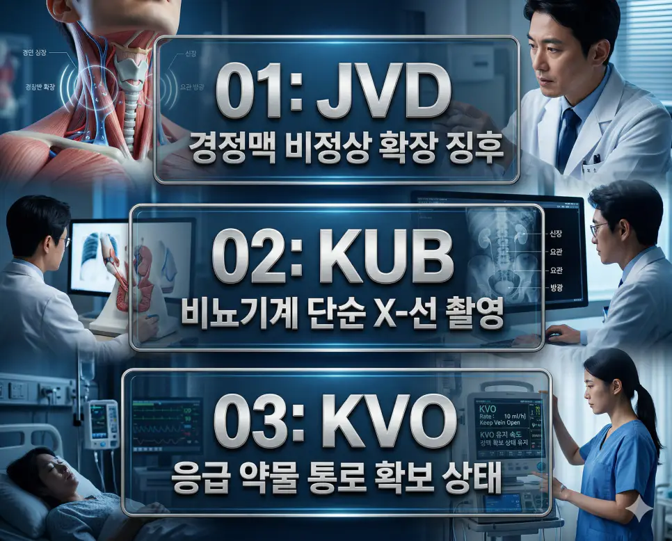 의학용어 JVD, KUB, KVO의 정의와 경정맥 비정상 확장 징후, 비뇨기계 단순 X-선 촬영, 응급 약물 통로 확보 상태의 핵심 특징을 영화 포스터 스타일로 정리한 프리미엄 인포그래픽
