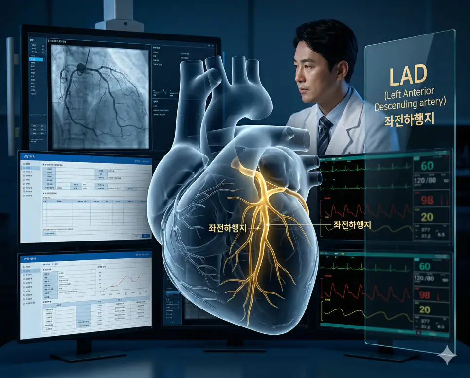 의학용어 LAD(좌전하행지) 기전을 통해 심장에 혈액을 공급하는 관상동맥 중 가장 큰 줄기가 좌심실 앞벽과 중격에 혈액을 보내는 핵심 과정을 시각화한 이미지
