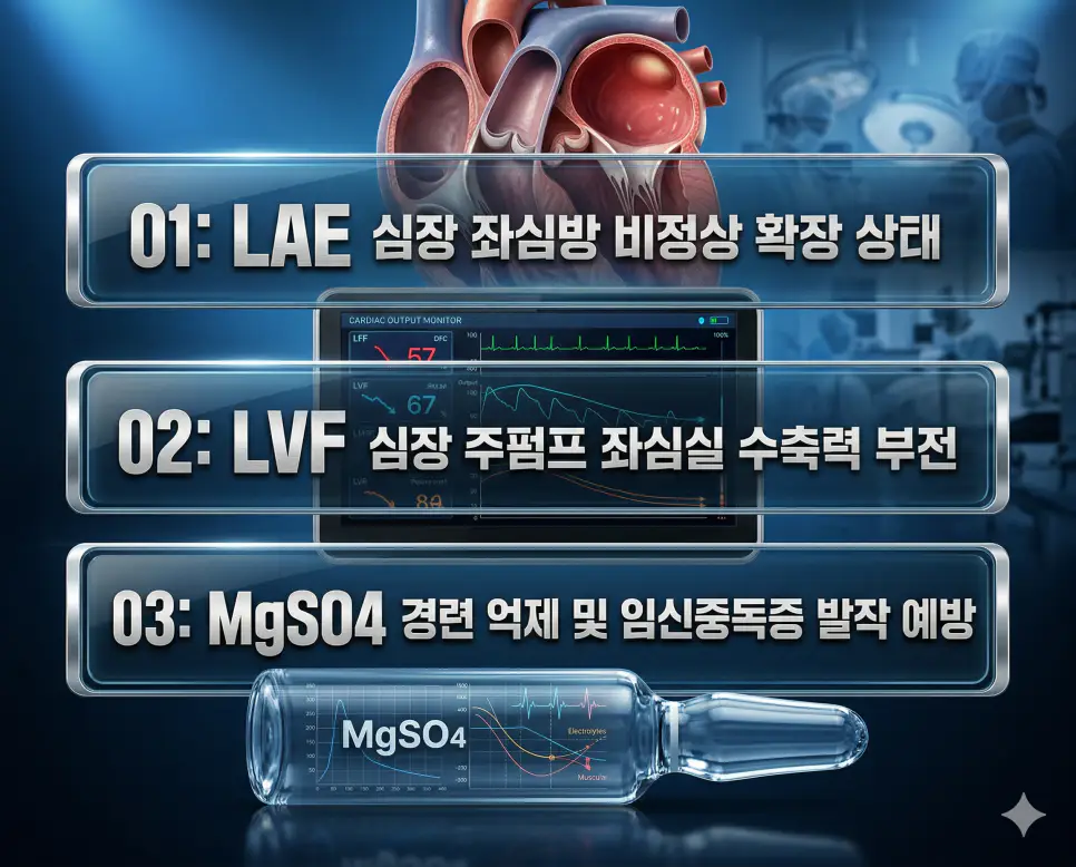 의학용어 LAE, LVF, MgSO4의 정의와 좌심방 비정상 확장 상태, 좌심실 수축력 부전 심부전, 경련 억제 및 임신중독증 발작 예방의 핵심 특징을 영화 포스터 스타일로 정리한 프리미엄 인포그래픽