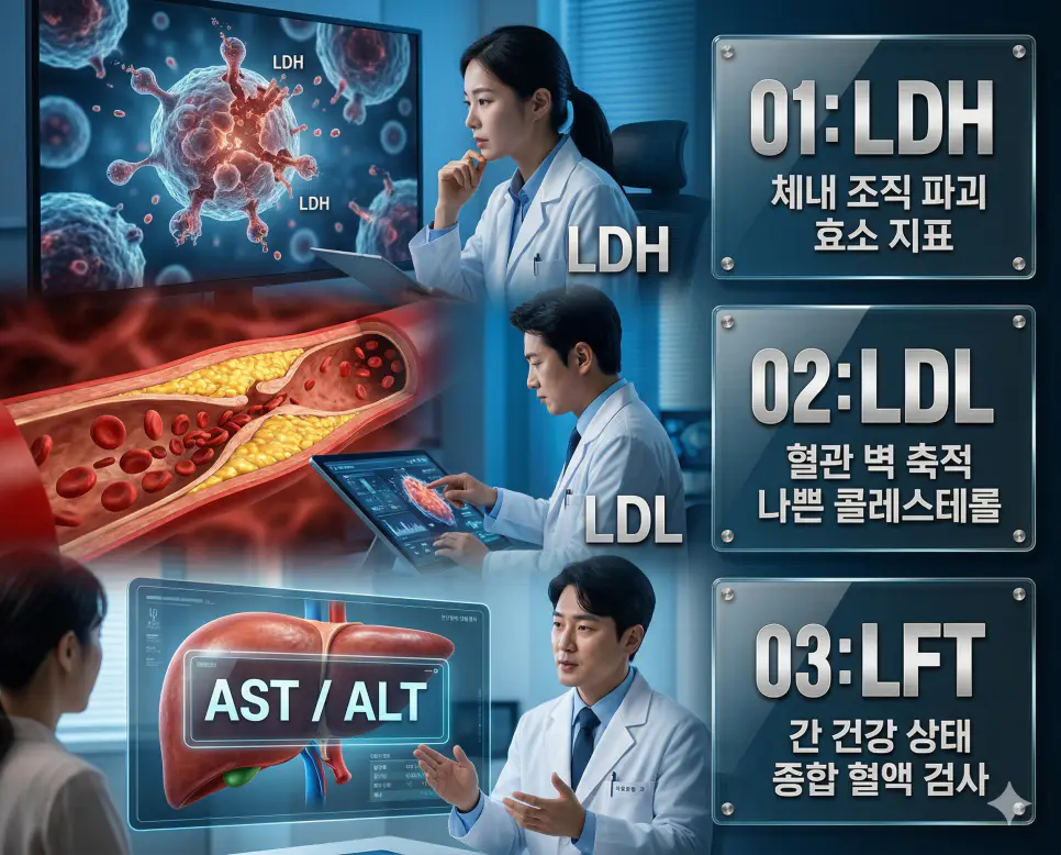 의학용어 LDH, LDL, LFT의 정의와 체내 세포 손상 지표, 혈관 축적 나쁜 콜레스테롤, 간 건강 종합 검사의 핵심 특징을 영화 포스터 스타일로 정리한 프리미엄 인포그래픽