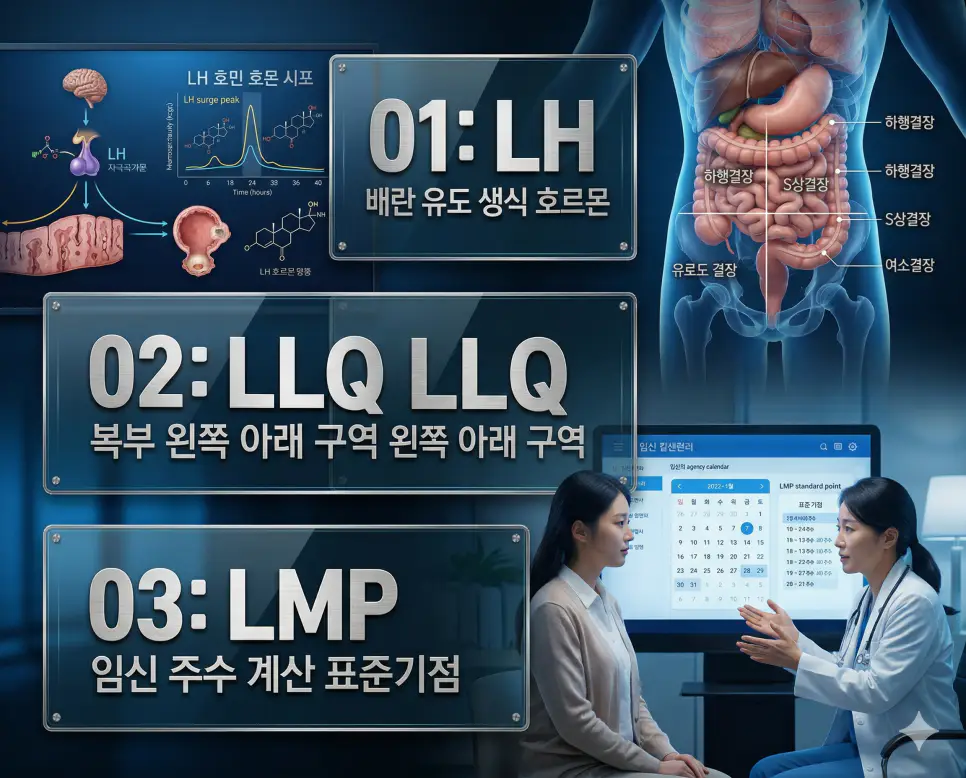 의학용어 LH, LLQ, LMP의 정의와 배란 유도 생식 호르몬, 복부 왼쪽 아래 구역 장기, 최종 월경일 임신 계산의 핵심 특징을 영화 포스터 스타일로 정리한 프리미엄 인포그래픽